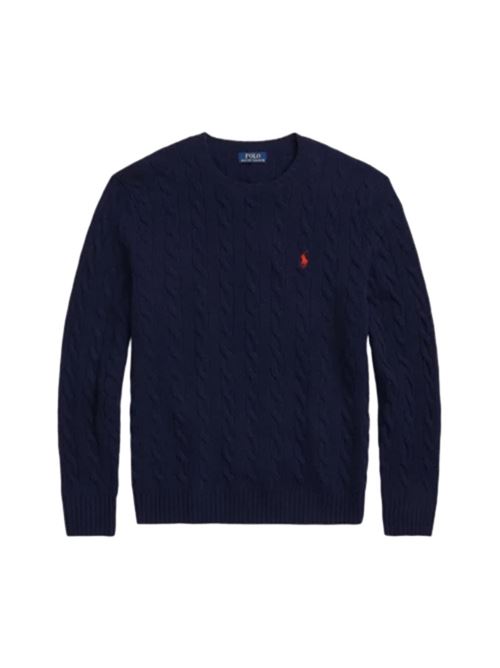 Maglia da uomo in misto lana e cashmere con lavorazione a trecce, colore hunter navy POLO RALPH LAUREN | 710876762002